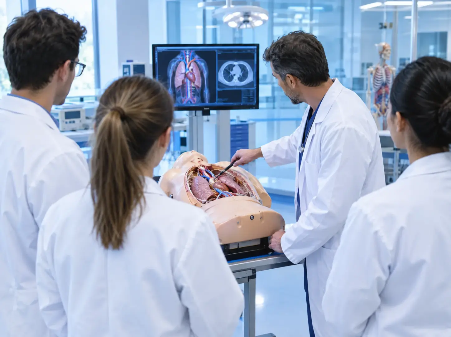 Doctors in a simulation lab studying an anatomical training model