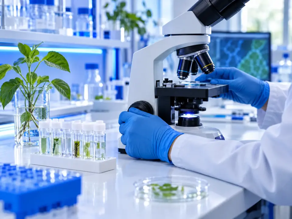 A scientist adjusting a microscope at a bright research lab bench