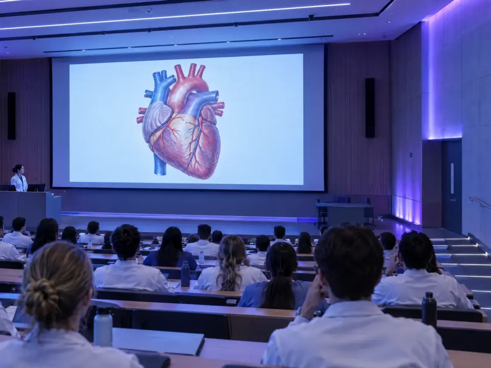 Postgraduate medical students in a lecture hall studying an illustration of the heart