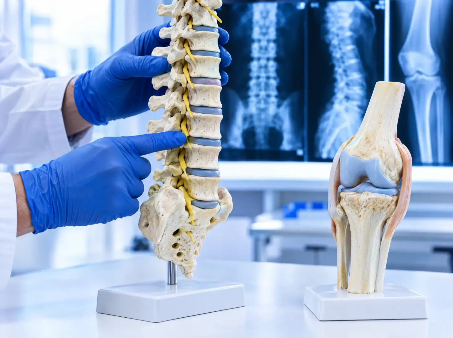 Anatomical models of a human spine and knee joint with X-ray films