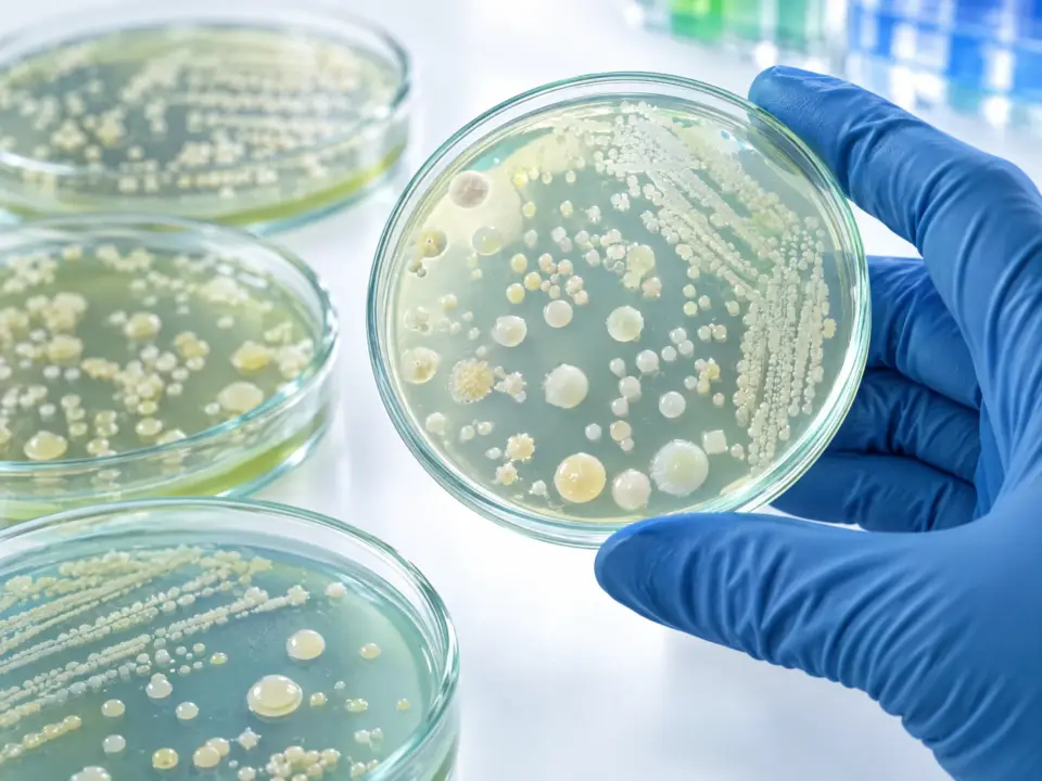 Petri dishes with probiotic bacterial colonies held by a gloved hand