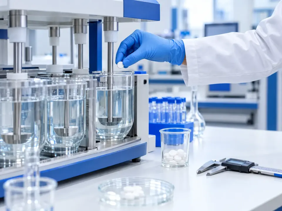 A tablet being placed into a dissolution tester in a quality control lab