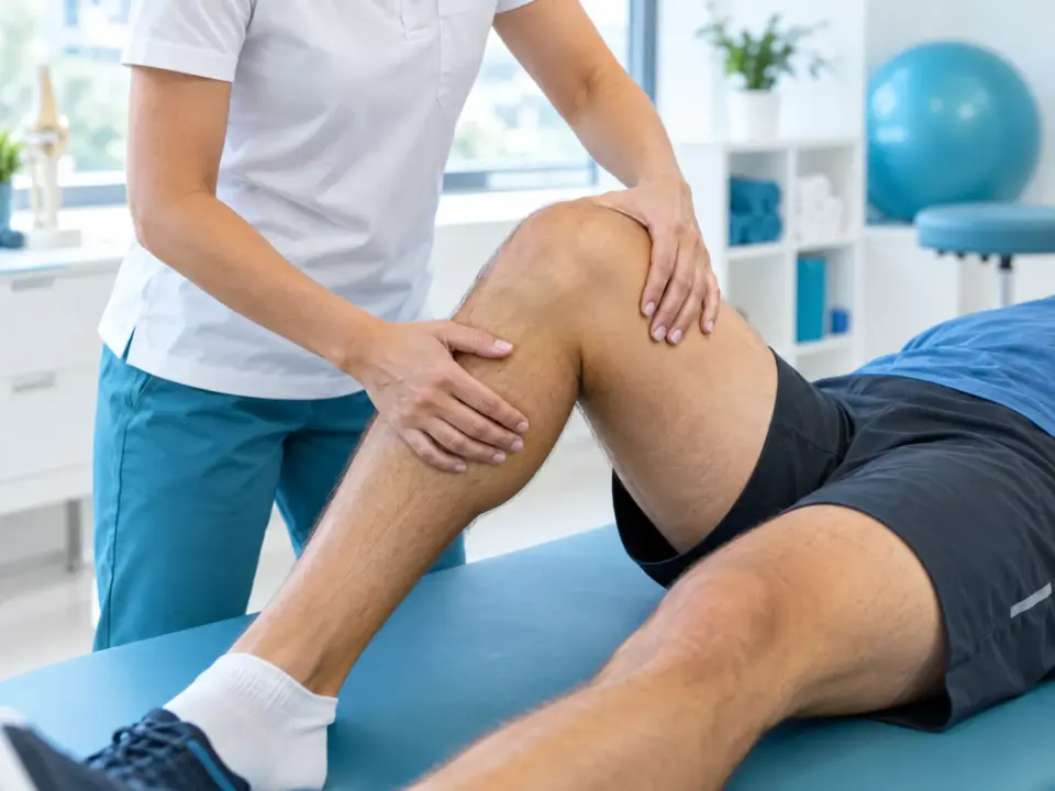 A physiotherapist examining an athlete’s knee in a clinic