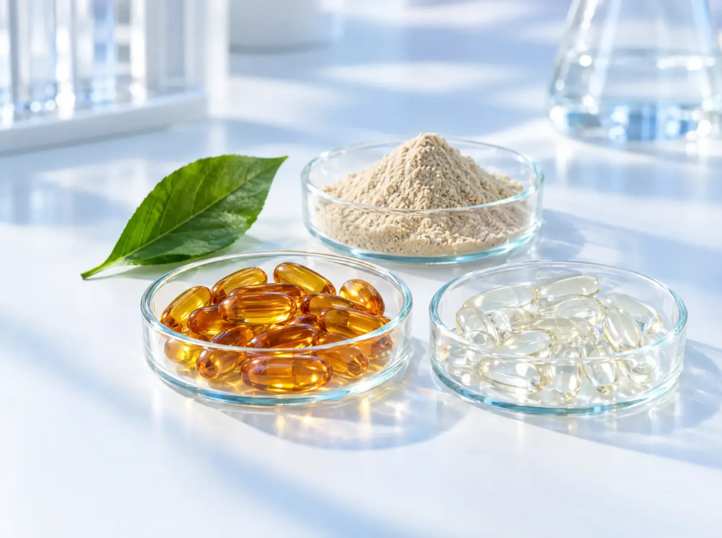 Softgel capsules and natural powder in laboratory glass dishes
