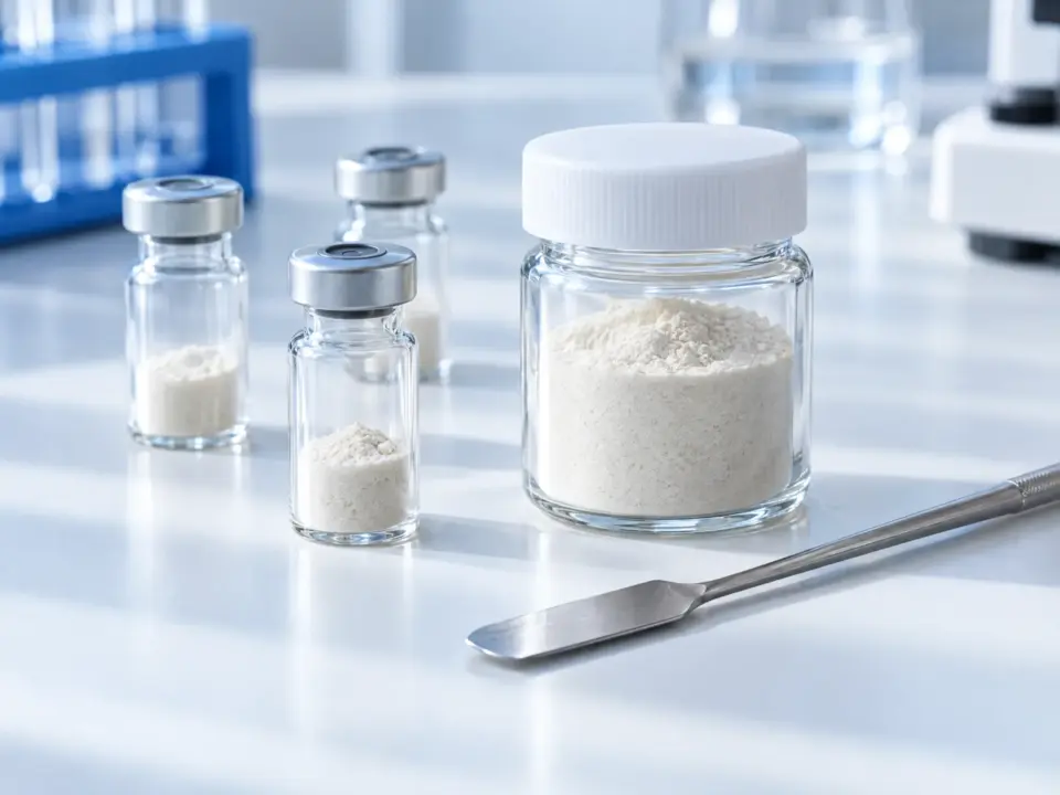 Glass vials and a jar of fine enzyme powder on a lab bench